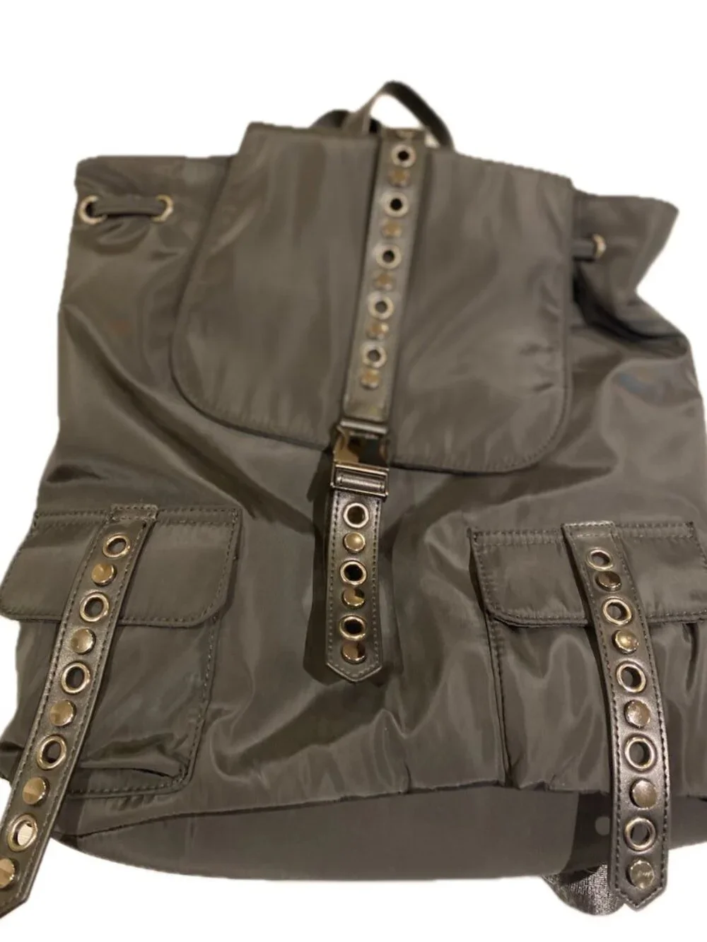 Saint + Sofia Studded Nylon Adjustable Strap Backpack with Silver Grommet Design